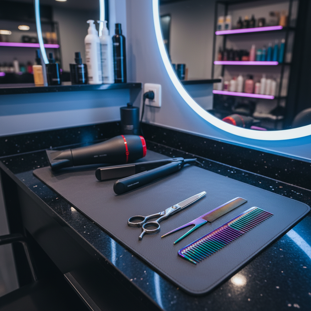 A dramatically lit close-up of a professional hair stylist’s workstation, featuring an array of high-end tools neatly arranged on a textured charcoal leather mat: titanium-plated scissors, a matte-black hairdryer with red accents, sleek ceramic straighteners, and iridescent combs with ultra-fine teeth. The station surface is a polished black quartz countertop reflecting vivid colors from nearby LED strip lights that wash the edge of the mirror in electric blue and magenta. Overhead, focused studio lighting creates sharp, glossy highlights on metal surfaces, enhancing every texture. Photographic realism with a bold, editorial aesthetic, captured from a slightly elevated angle with a shallow depth of field, so the nearest tools appear hyper-detailed while the background of blurred salon shelving and products suggests an energetic, fashion-forward environment.